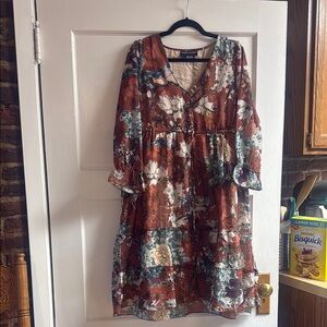 HEMANT & NANDITA Floral Long Sleeve Dress in Brown and White